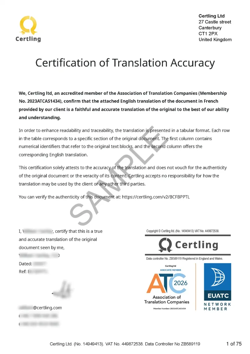 certificatipon of translation accuracy for the UK