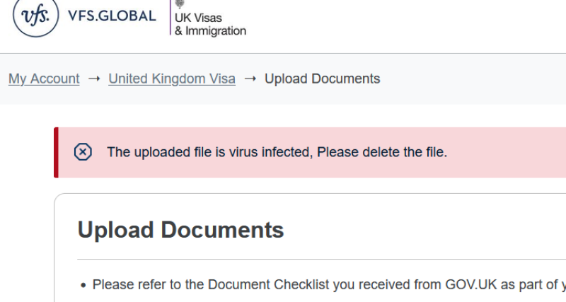 VFS Global PDF upload error